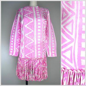 Vintage 1960s Pink Geometric Print Fringed Mini Dress Shorts, Charm of Hollywood